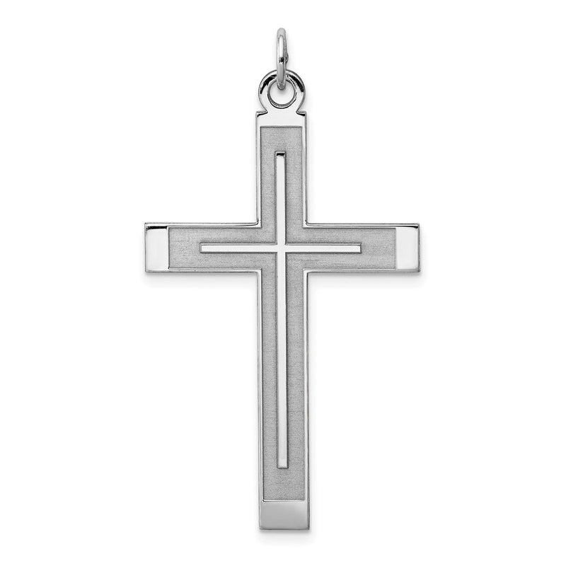 Sterling Silver Rh-Plated Satin & Polished Laser Designed Cross Pendant