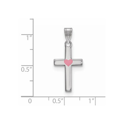 Sterling Silver Rhodium-Plated Pink Enameled Heart Cross Charm