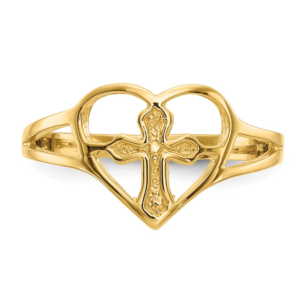 14K Yellow Gold Cross In Heart Ring