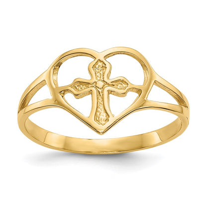 14K Yellow Gold Cross In Heart Ring