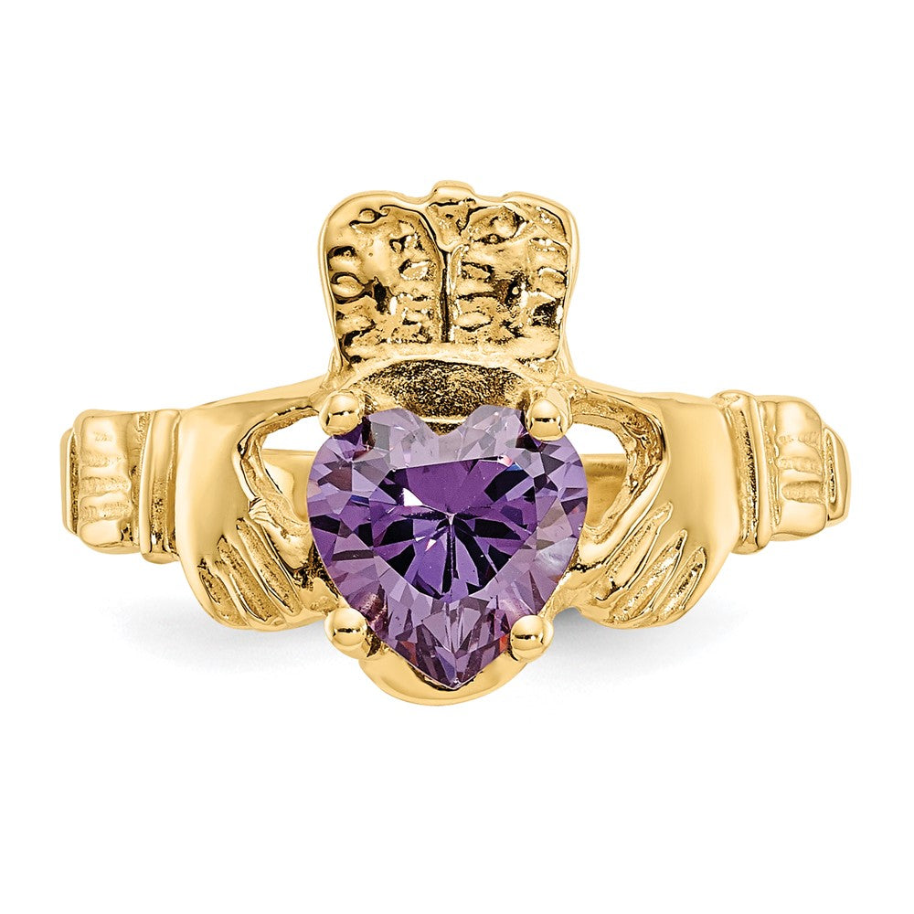 14K Yellow Gold February CZ Heart Birthstone Claddagh Ring