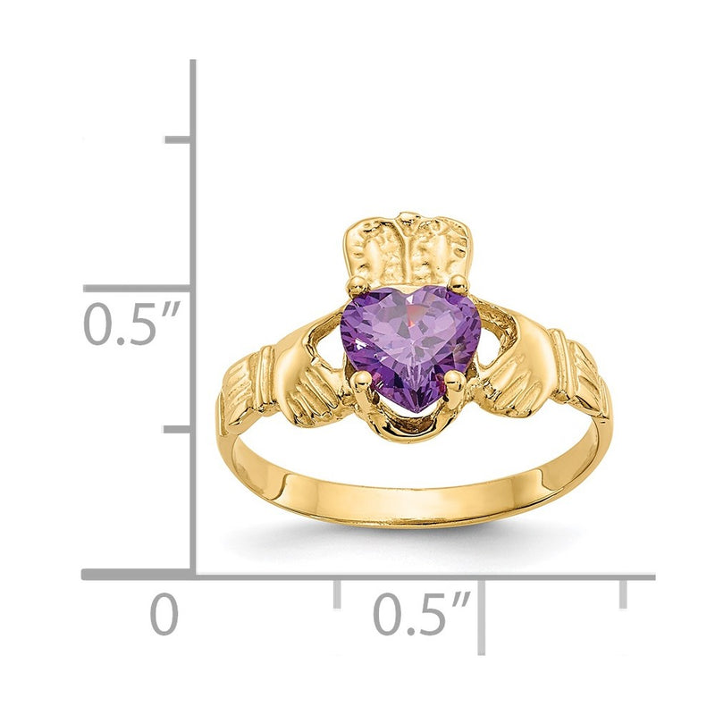 14K Yellow Gold February CZ Heart Birthstone Claddagh Ring