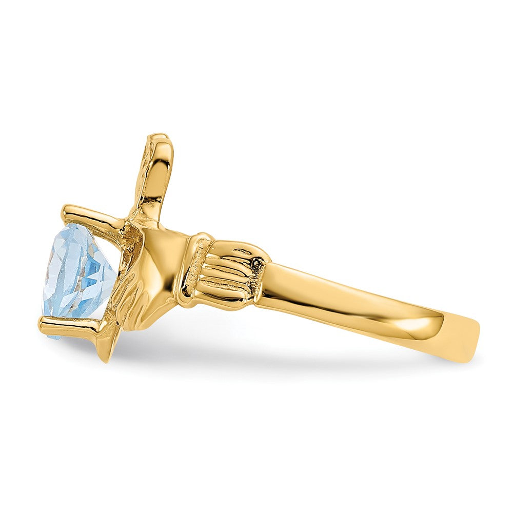 14K Yellow Gold March CZ Heart Birthstone Claddagh Ring