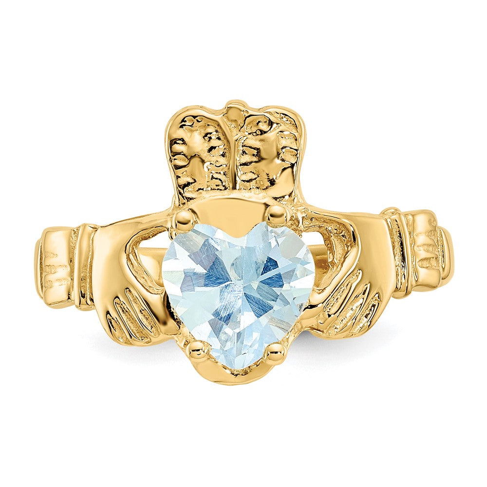 14K Yellow Gold March CZ Heart Birthstone Claddagh Ring