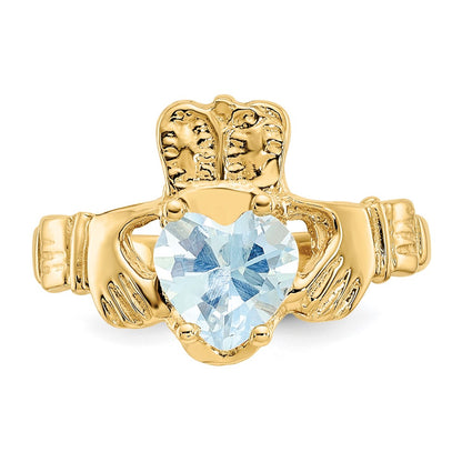 14K Yellow Gold March CZ Heart Birthstone Claddagh Ring