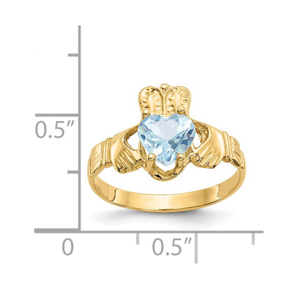 14K Yellow Gold March CZ Heart Birthstone Claddagh Ring