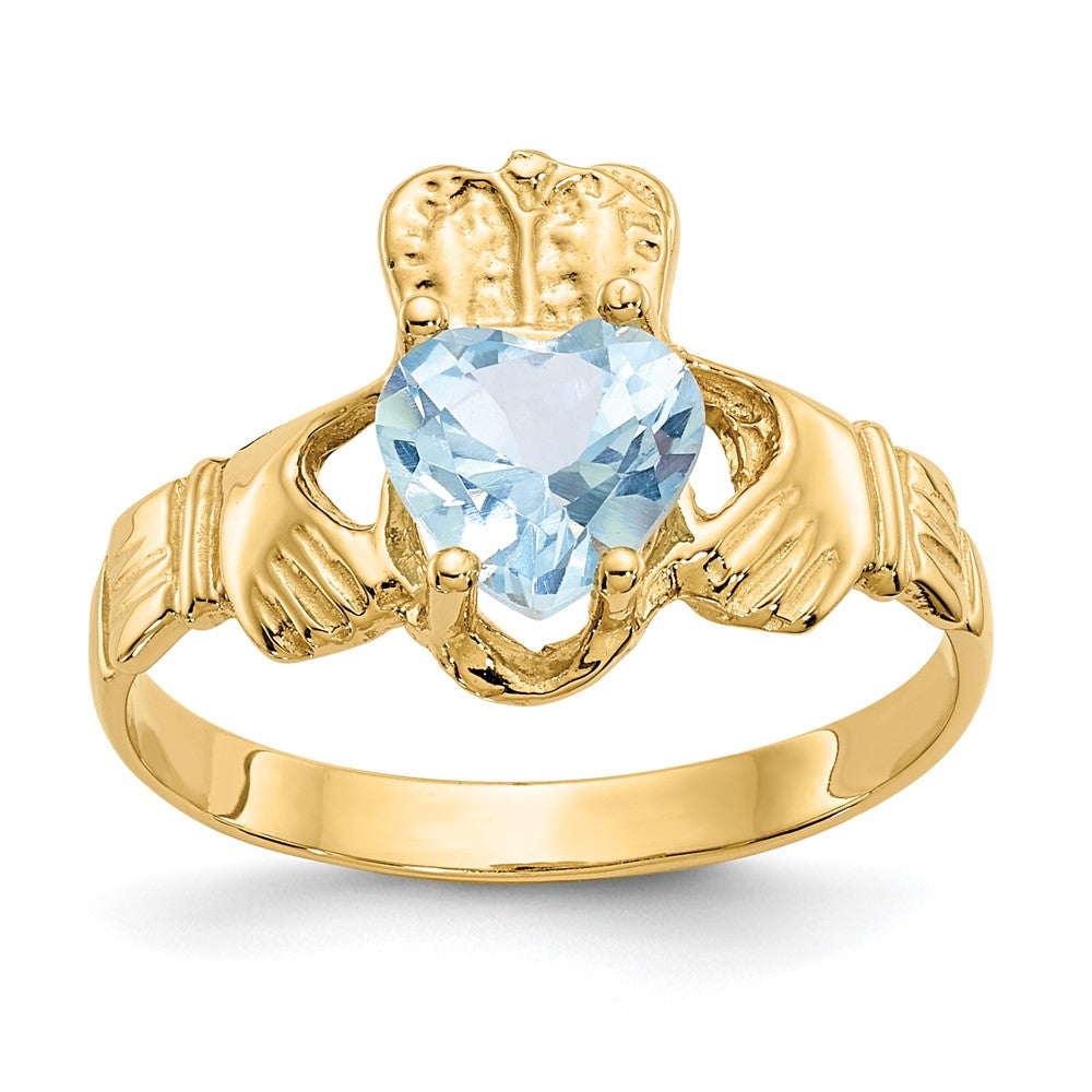 14K Yellow Gold March CZ Heart Birthstone Claddagh Ring