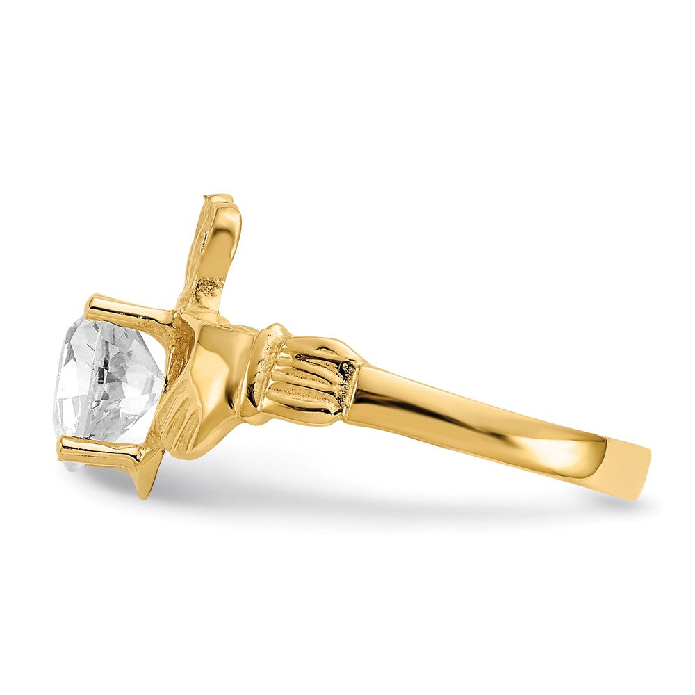 14K Yellow Gold April CZ Heart Birthstone Claddagh Ring