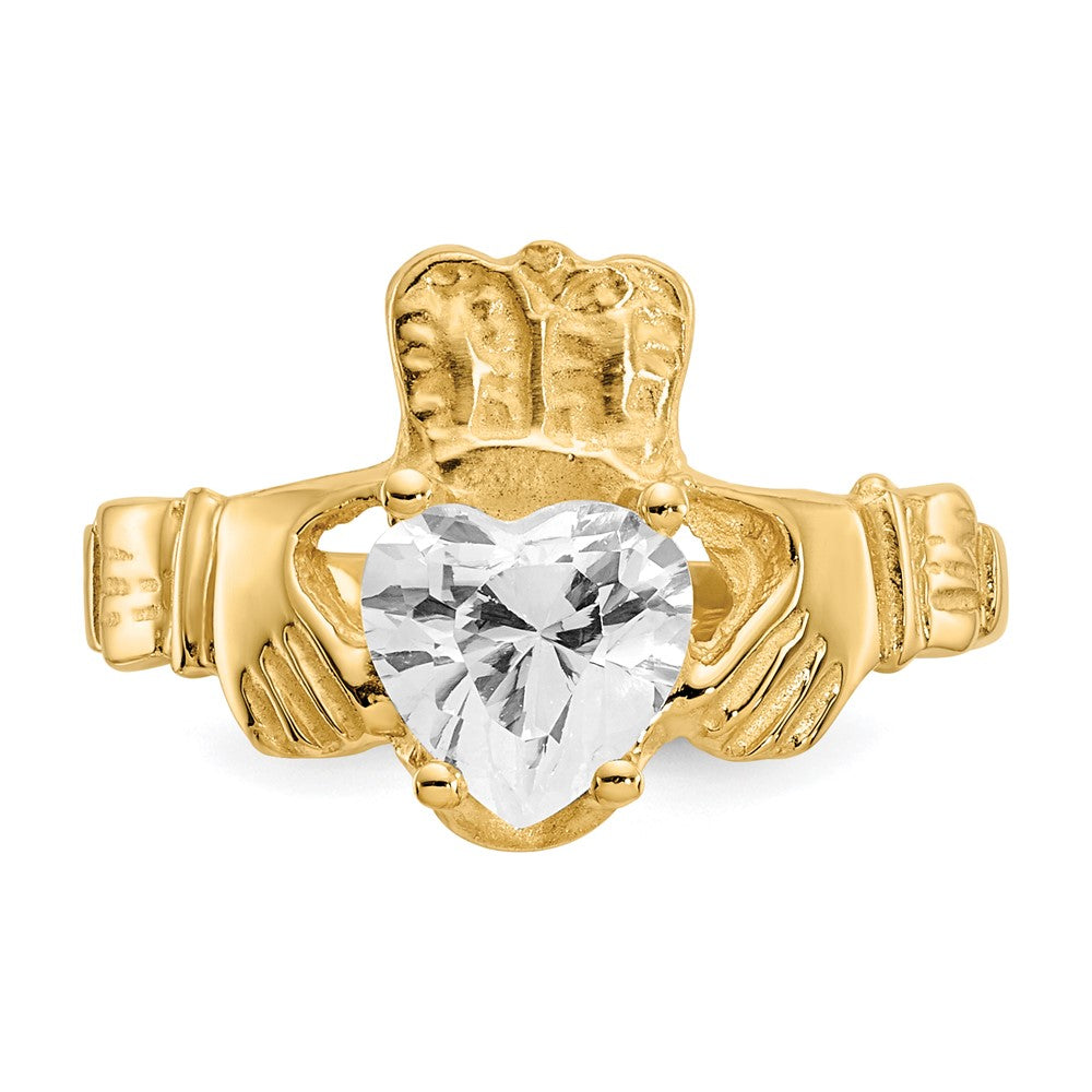 14K Yellow Gold April CZ Heart Birthstone Claddagh Ring