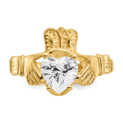 14K Yellow Gold April CZ Heart Birthstone Claddagh Ring