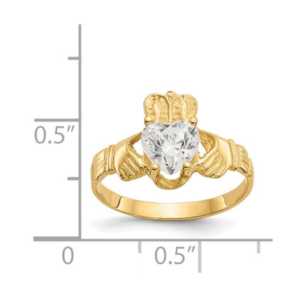 14K Yellow Gold April CZ Heart Birthstone Claddagh Ring
