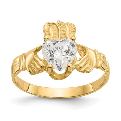 14K Yellow Gold April CZ Heart Birthstone Claddagh Ring