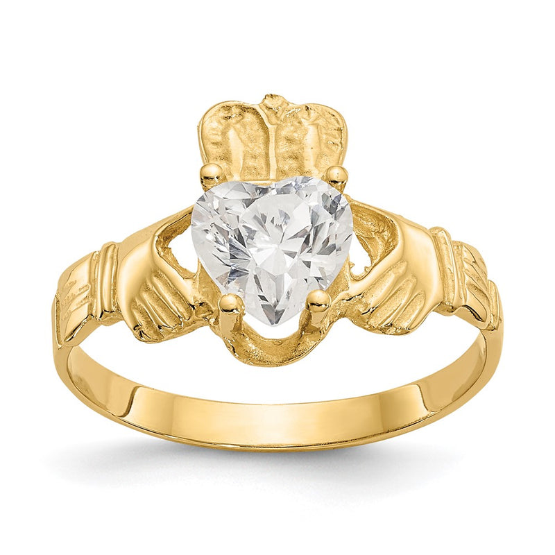 14K Yellow Gold April CZ Heart Birthstone Claddagh Ring