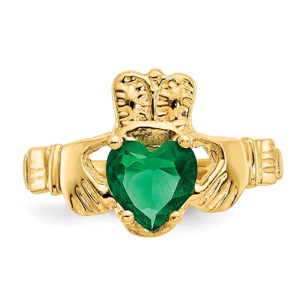 14K Yellow Gold May CZ Heart Birthstone Claddagh Ring
