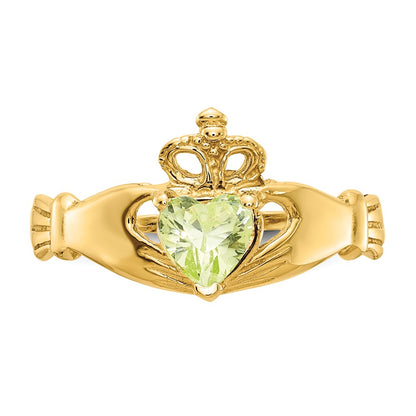 14K Yellow Gold August CZ Heart Birthstone Claddagh Ring