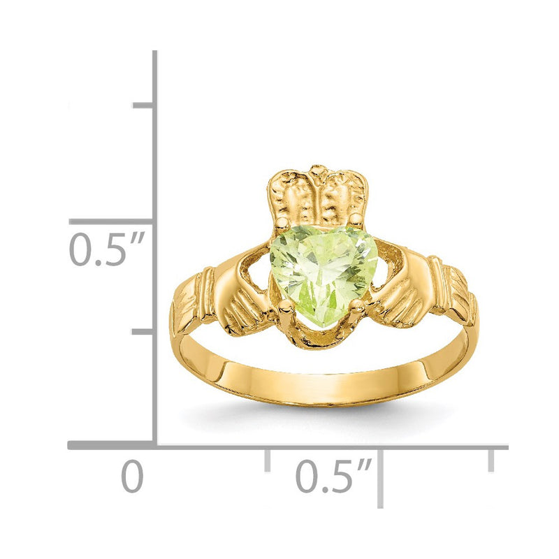 14K Yellow Gold August CZ Heart Birthstone Claddagh Ring