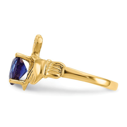 14K Yellow Gold September CZ Heart Birthstone Claddagh Ring