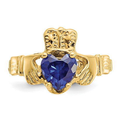 14K Yellow Gold September CZ Heart Birthstone Claddagh Ring