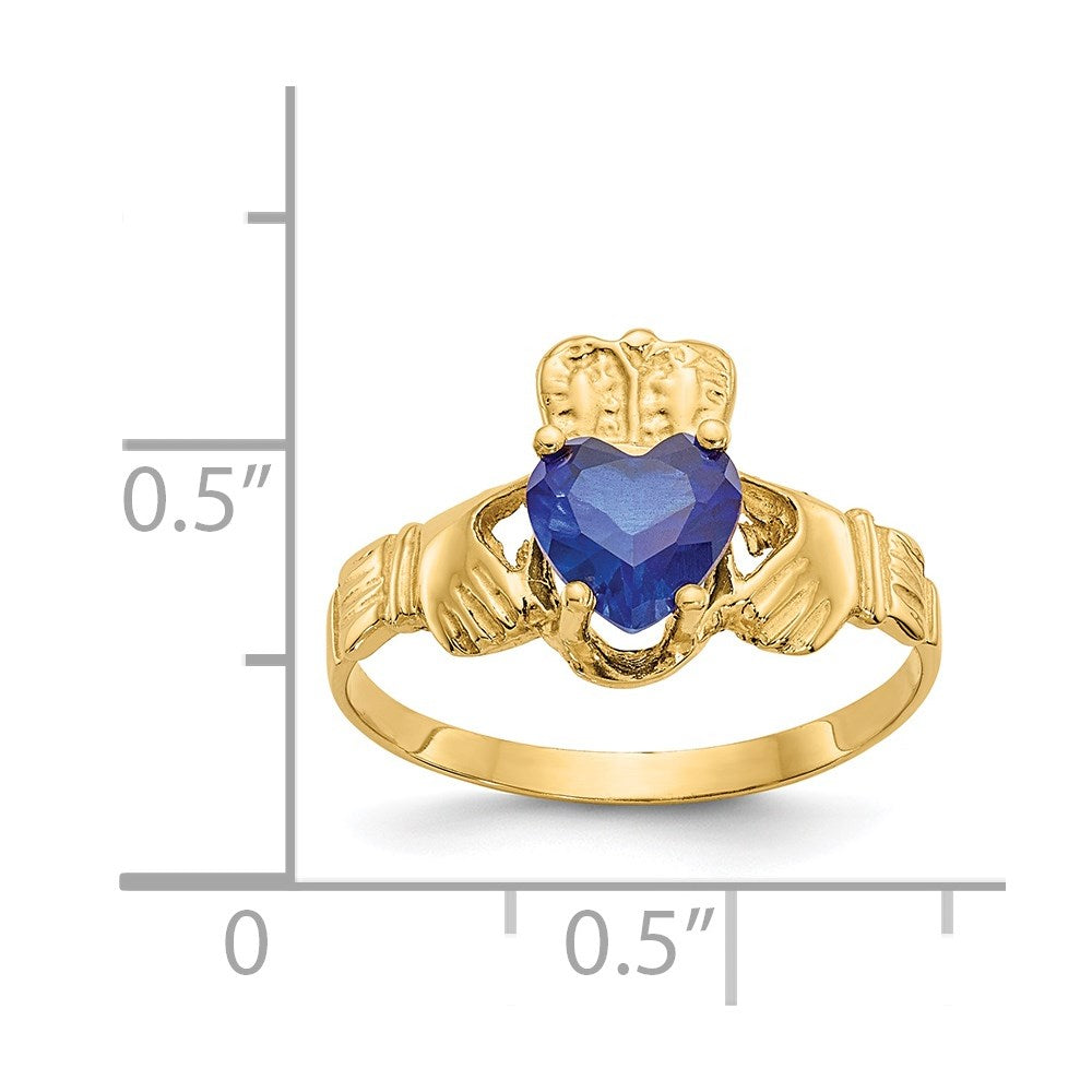 14K Yellow Gold September CZ Heart Birthstone Claddagh Ring