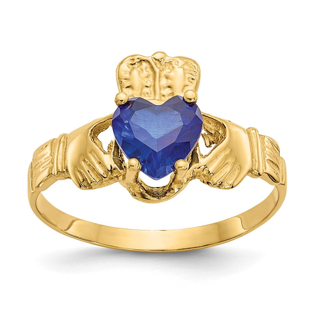 14K Yellow Gold September CZ Heart Birthstone Claddagh Ring