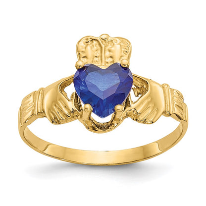 14K Yellow Gold September CZ Heart Birthstone Claddagh Ring