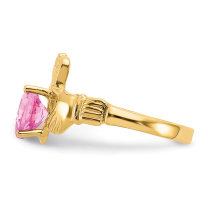 14K Yellow Gold October CZ Heart Birthstone Claddagh Ring