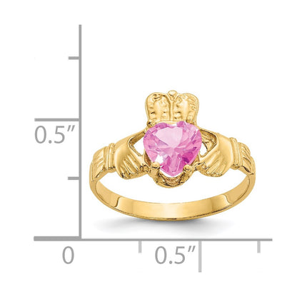 14K Yellow Gold October CZ Heart Birthstone Claddagh Ring