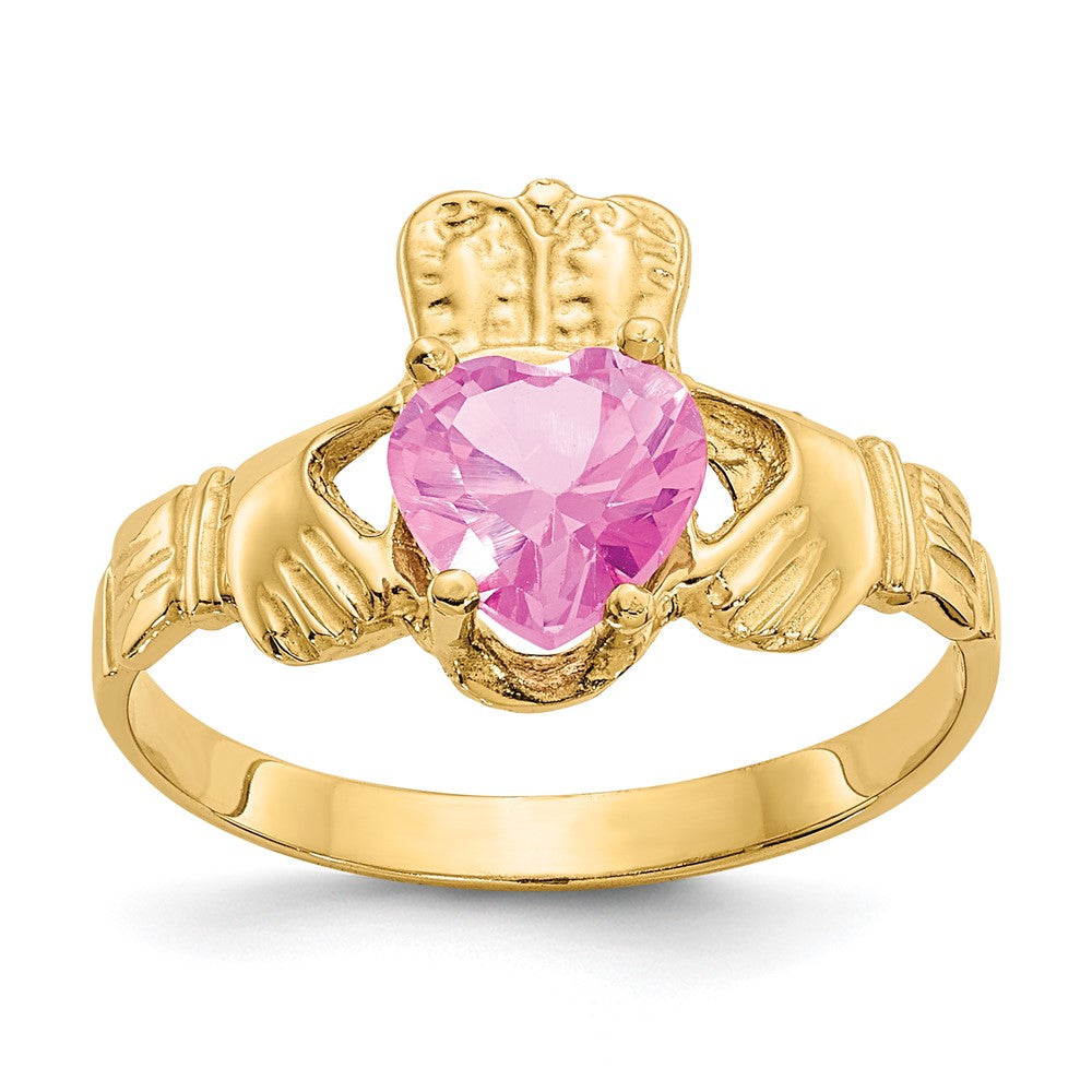 14K Yellow Gold October CZ Heart Birthstone Claddagh Ring