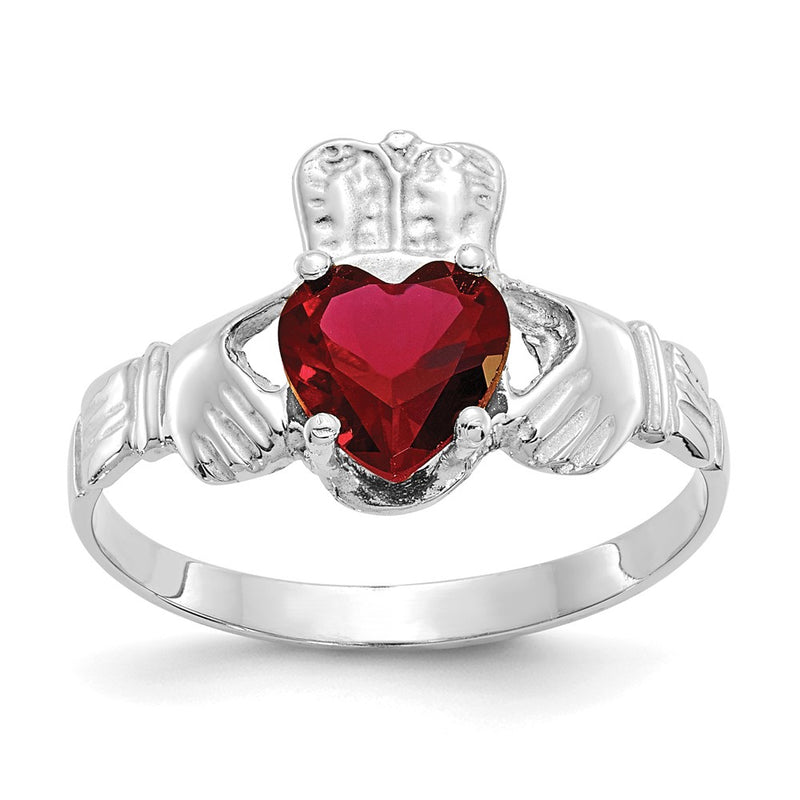 14K White Gold January CZ Heart Birthstone Claddagh Ring
