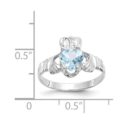 14K White Gold March CZ Heart Birthstone Claddagh Ring