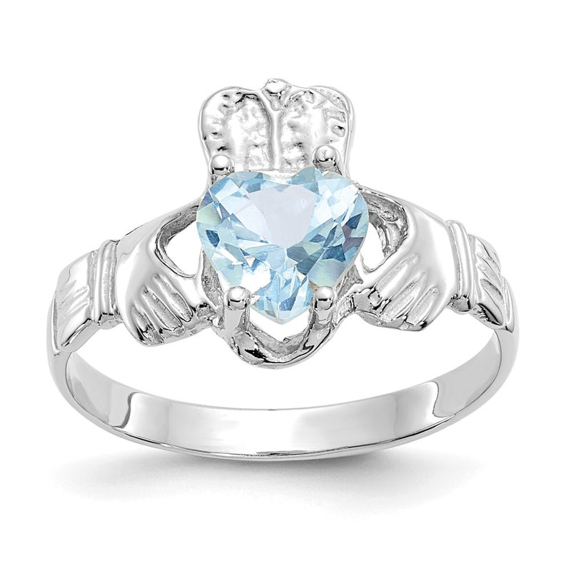 14K White Gold March CZ Heart Birthstone Claddagh Ring
