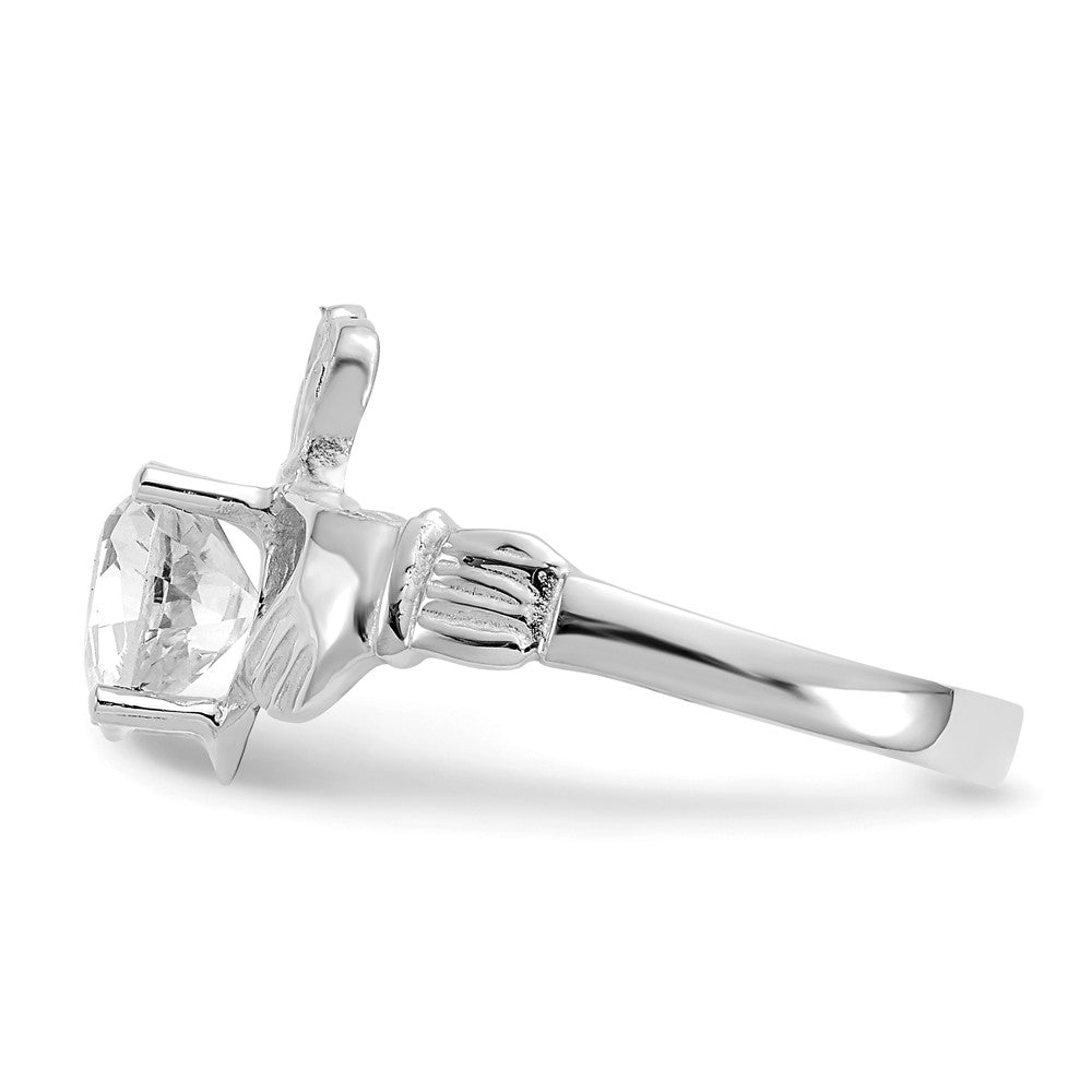 14K White Gold April CZ Heart Birthstone Claddagh Ring