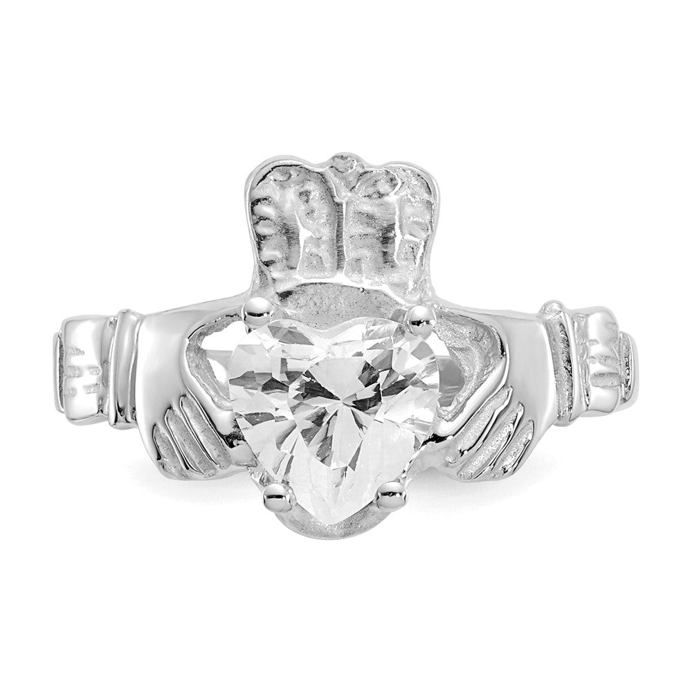 14K White Gold April CZ Heart Birthstone Claddagh Ring