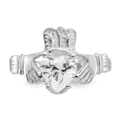 14K White Gold April CZ Heart Birthstone Claddagh Ring