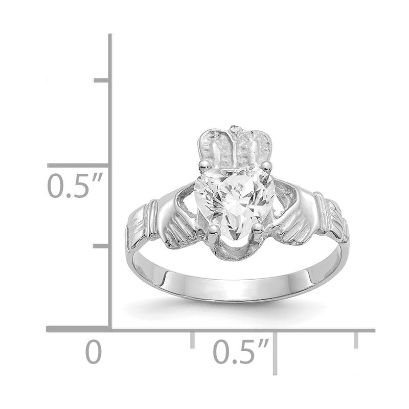 14K White Gold April CZ Heart Birthstone Claddagh Ring