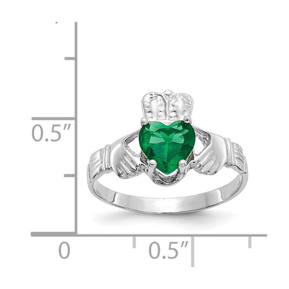 14K White Gold May CZ Heart Birthstone Claddagh Ring