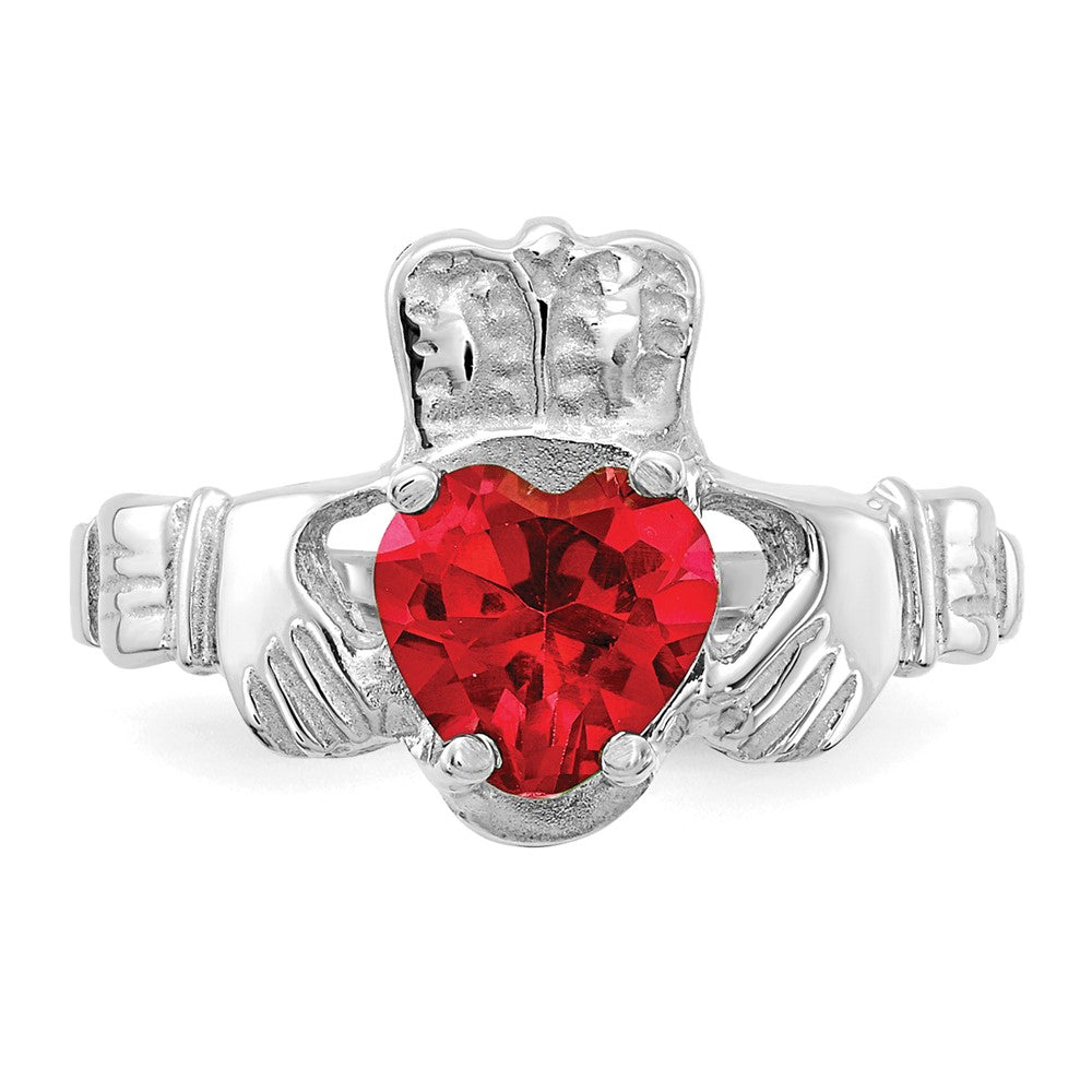 14K White Gold July CZ Heart Birthstone Claddagh Ring