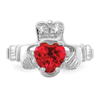 14K White Gold July CZ Heart Birthstone Claddagh Ring