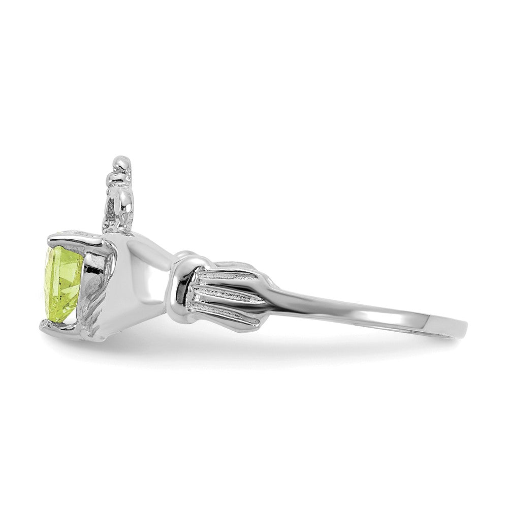 14K White Gold August CZ Heart Birthstone Claddagh Ring