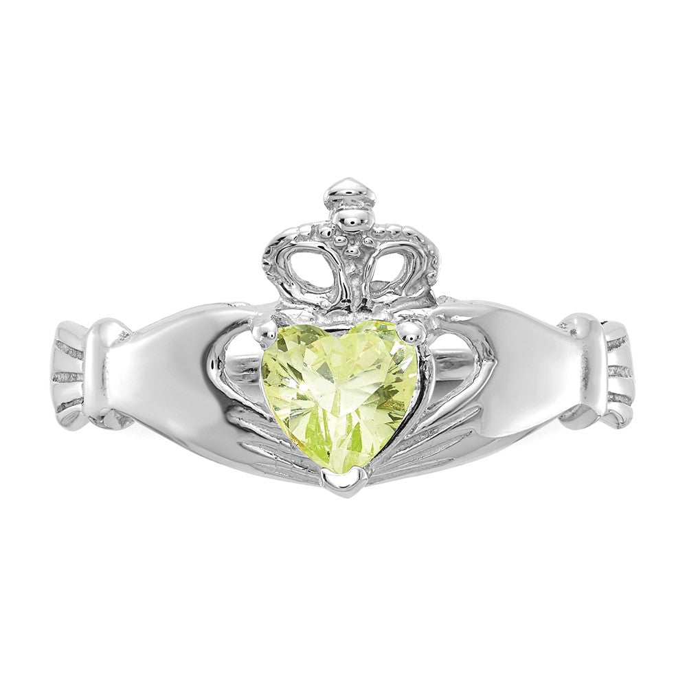 14K White Gold August CZ Heart Birthstone Claddagh Ring