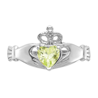 14K White Gold August CZ Heart Birthstone Claddagh Ring