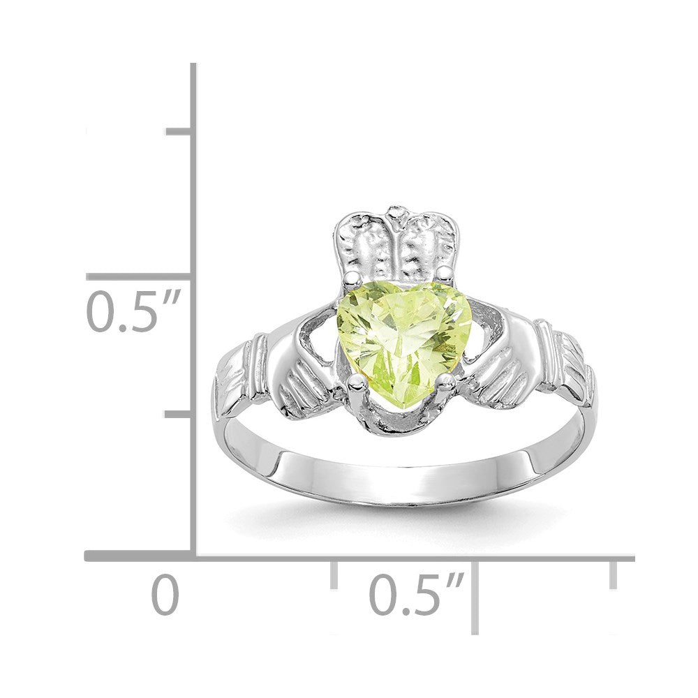 14K White Gold August CZ Heart Birthstone Claddagh Ring