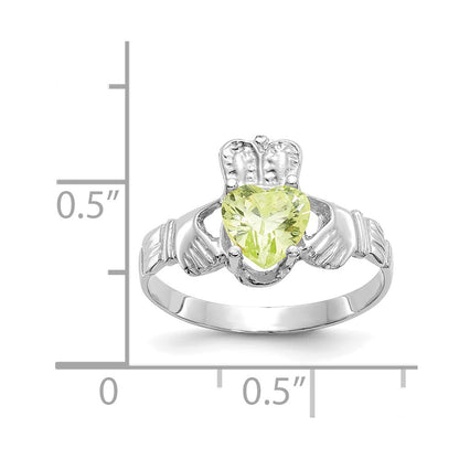 14K White Gold August CZ Heart Birthstone Claddagh Ring