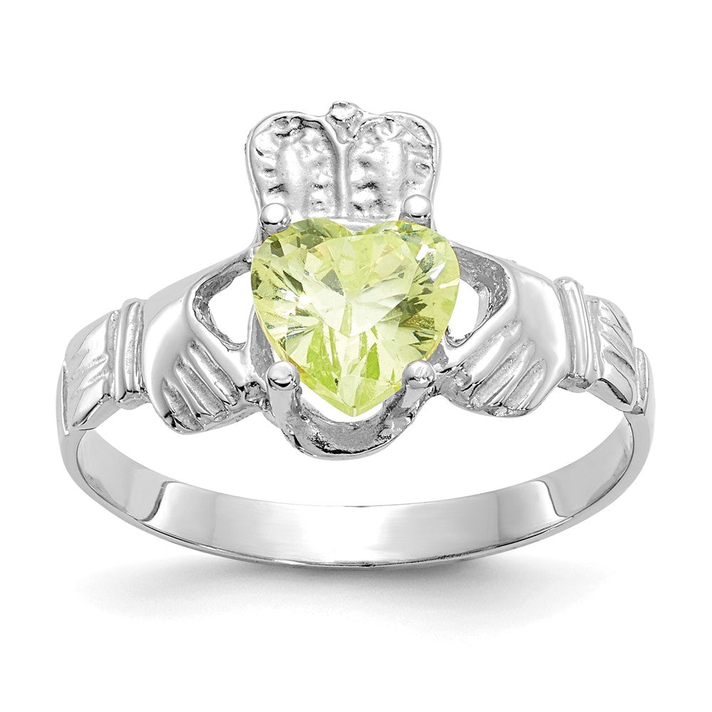 14K White Gold August CZ Heart Birthstone Claddagh Ring