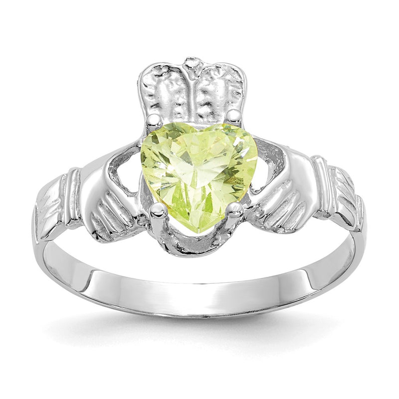 14K White Gold August CZ Heart Birthstone Claddagh Ring