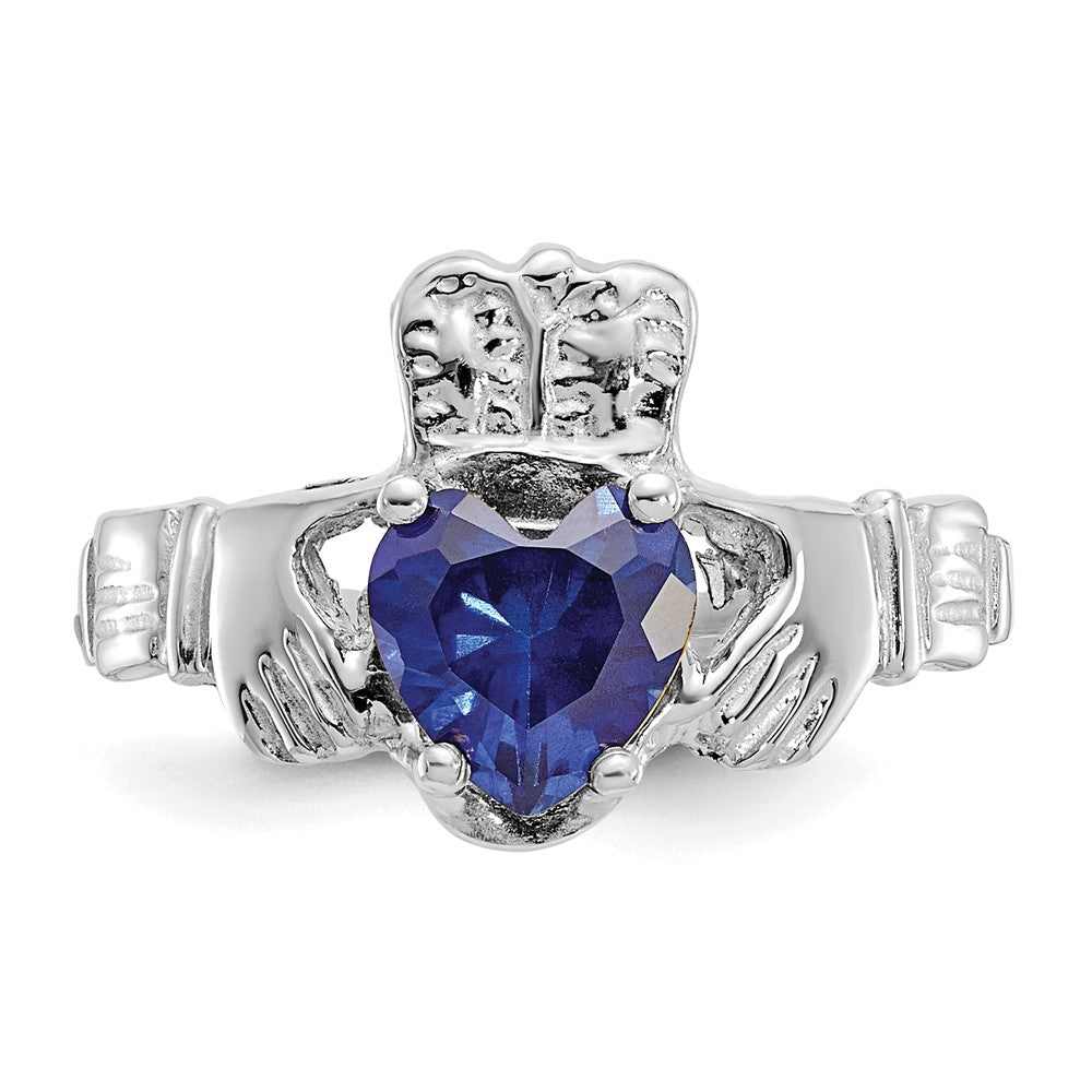 14K White Gold September CZ Heart Birthstone Claddagh Ring