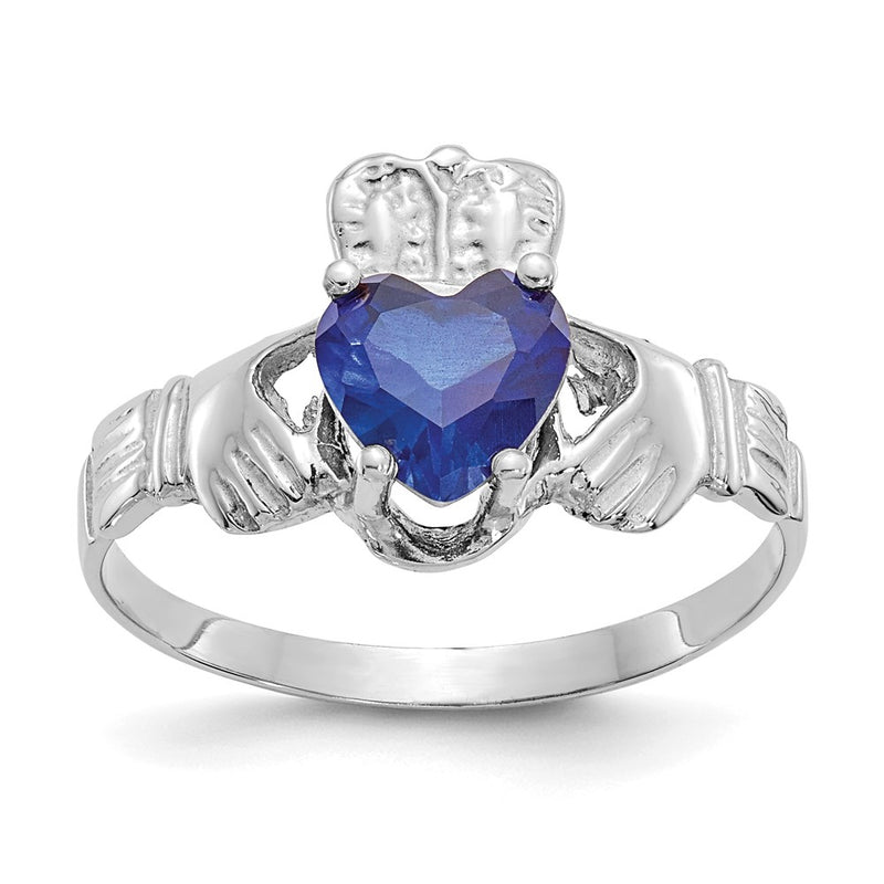 14K White Gold September CZ Heart Birthstone Claddagh Ring