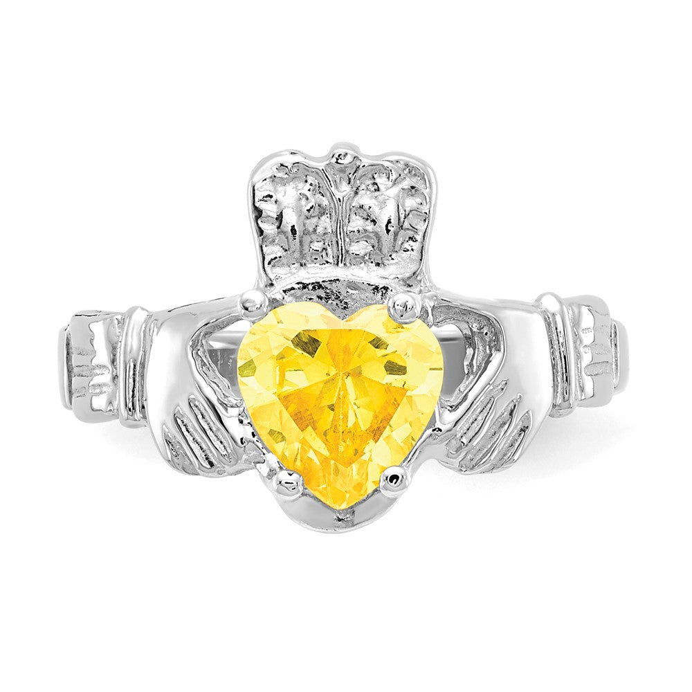 14K White Gold November CZ Heart Birthstone Claddagh Ring