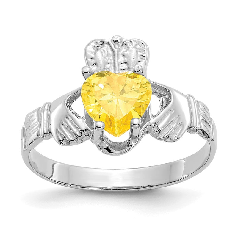 14K White Gold November CZ Heart Birthstone Claddagh Ring