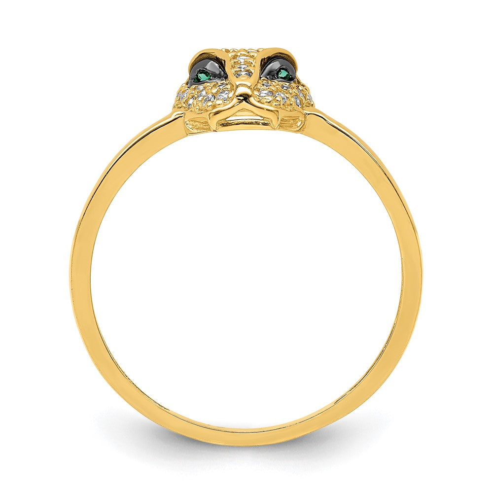 14K Yellow Gold Polished Green & White Cz Lioness Head Ring (Size 7 Only)